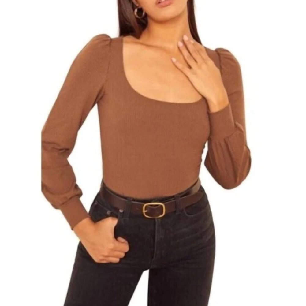 Reformation vita ribbed long sleeve top in brown toffee